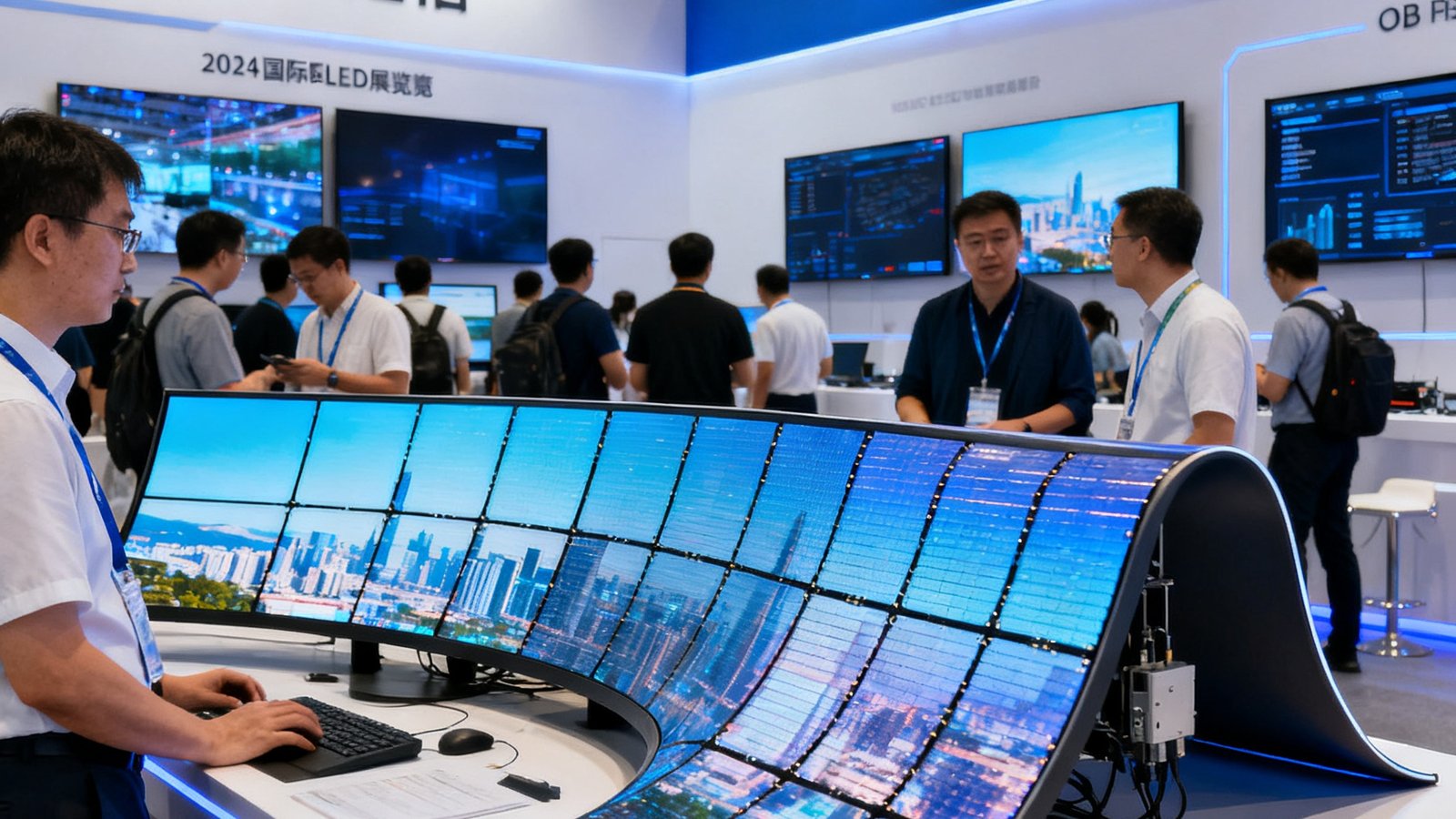 2025年国际LED展览会上，OB视讯展台展示的最新曲面拼接显示技术，多块柔性模组无缝拼接成弧形屏幕，吸引众多专业观众驻足咨询。