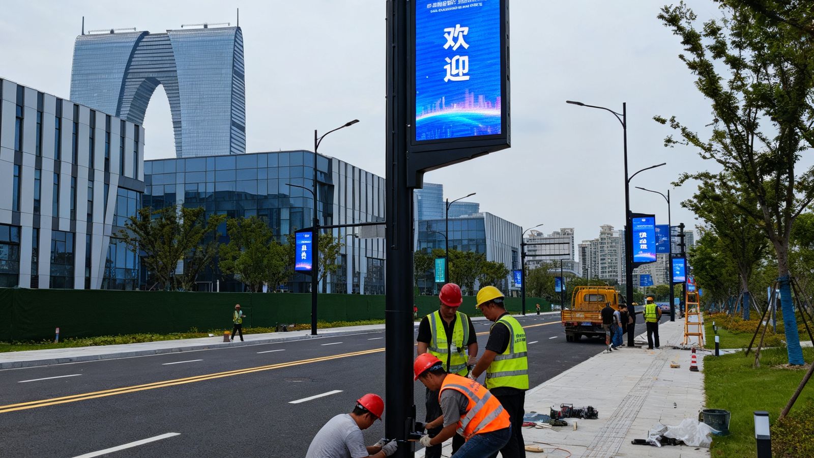苏州工业园区内，施工人员正在道路两侧安装第三期智慧灯杆屏，新安装的灯杆屏与园区现代建筑风格融为一体，屏幕正在显示欢迎信息。