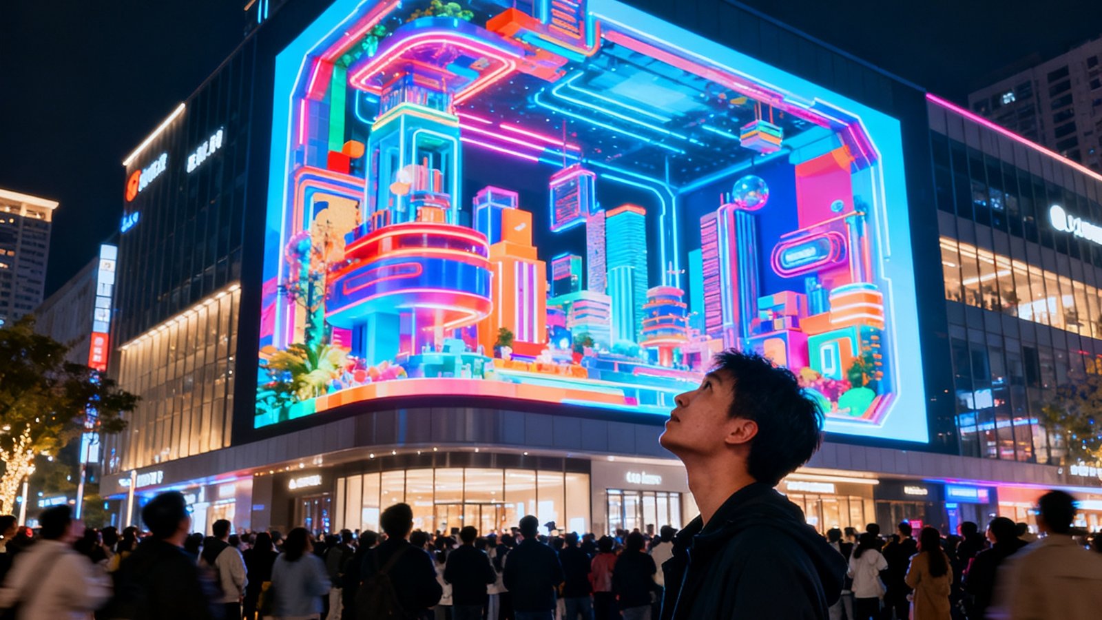 夜晚的城市核心商圈，一栋商业综合体外墙上的巨型裸眼3D LED大屏正在播放色彩斑斓的立体动画内容，下方广场聚集了大量行人抬头观看，画面充满科技感与都市活力。