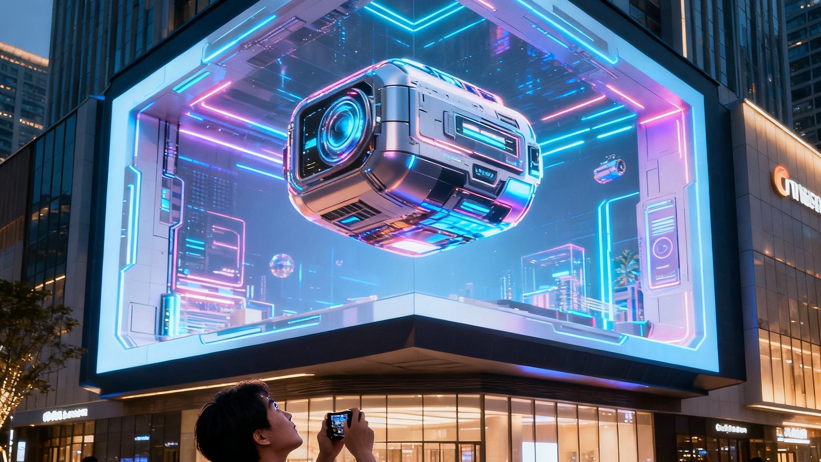 一个大型商业综合体的转角处安装的裸眼3D LED大屏，屏幕呈现向外突出的立体视觉效果，展示的虚拟物体仿佛悬浮在空中，行人在下方仰头拍照。