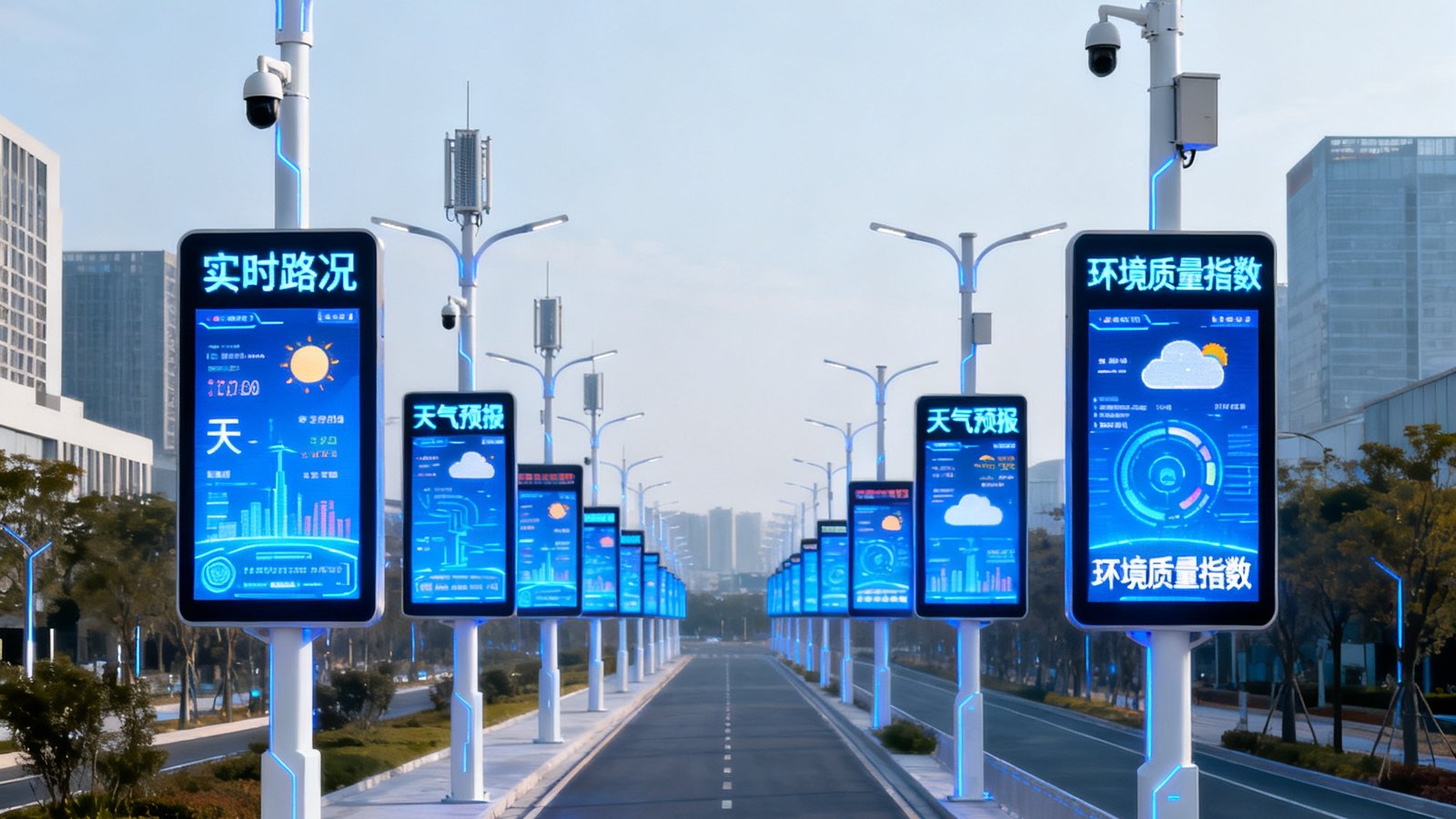 一条现代化城市道路两侧安装了集成LED显示屏的智慧灯杆，屏幕同步显示实时路况、天气预报和环境质量指数，灯杆顶部还配有5G微基站和监控摄像头。