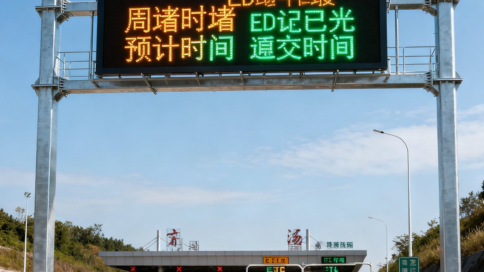 一条高速公路入口上方的门架式交通诱导LED显示屏，清晰显示前方各路段拥堵状况和预计通行时间，采用高亮度琥珀色与绿色双色显示，在正午强光下依然清晰可辨。